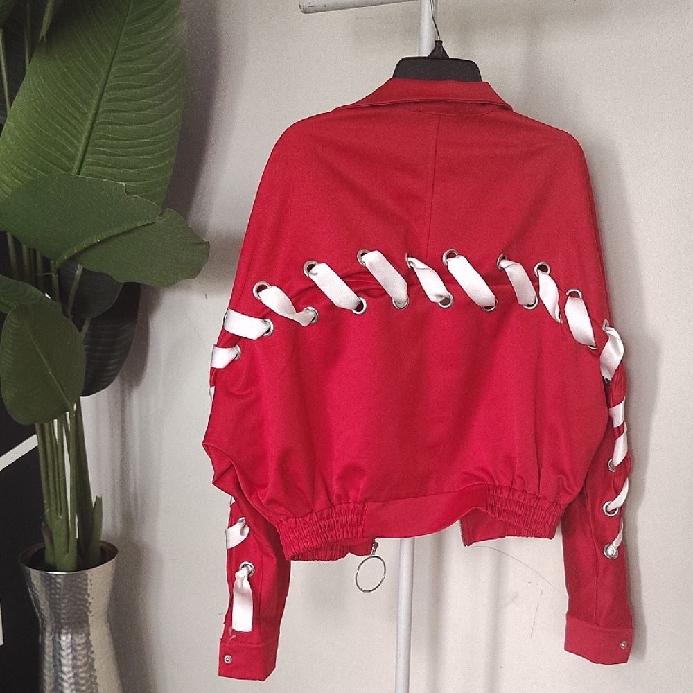 Stylish Red Jacket with Ribbon Detailing